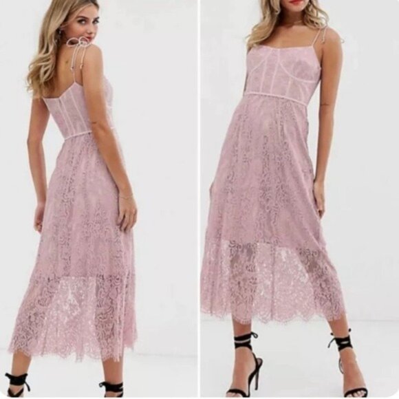 Keepsake The Label Sense Lace Midi Dress 10 Pink Sheer Sweetheart Tie Sleeve - Picture 12 of 13